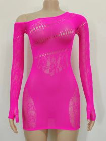 Women's Mesh Jumpsuit Shiny Fishnet Clothes (Option: Rose Red-Simple Packaging)