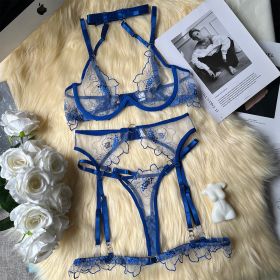 Sexy Seduction Mesh Machine Embroidery Bra Set (Option: Blue-L)